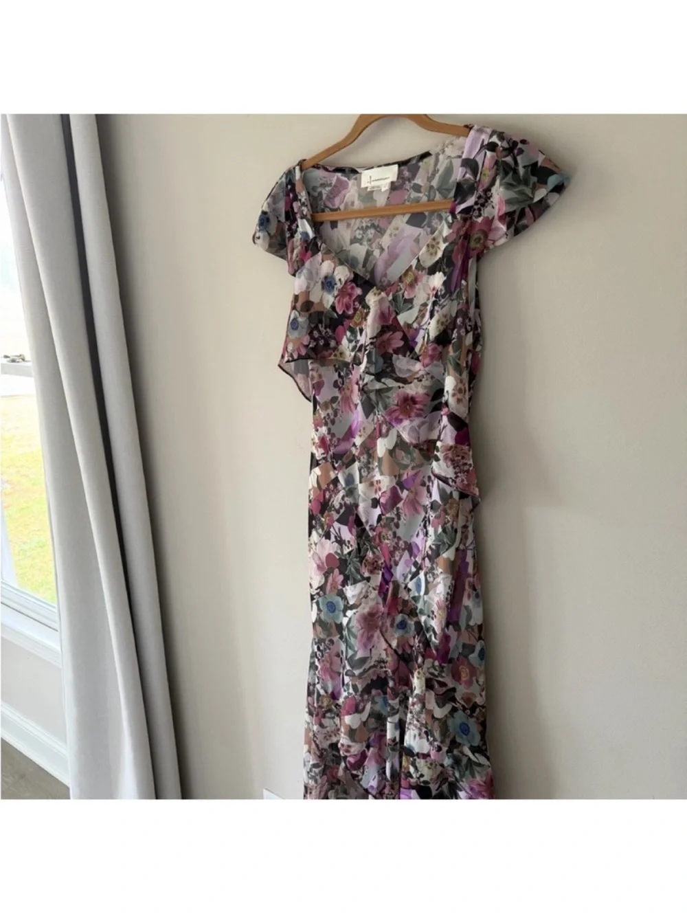 By Anthropologie Floral Ruffle Maxi Dress Asymmetrical Size Small Front Split